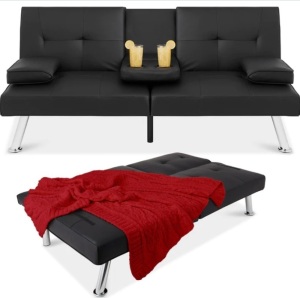 Faux Leather Upholstered Convertible Sofa Bed Futon w/ 2 Cupholders, Like New, Retail - $239.99