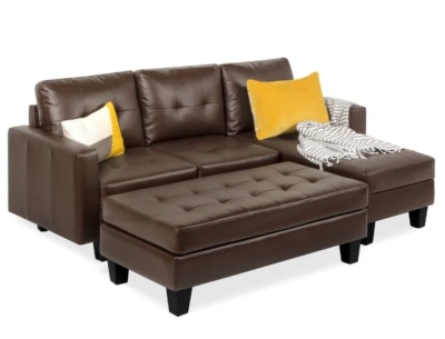 L-Shape Customizable Faux Leather Sofa w/ Ottoman, Appears new, Retail 999.99