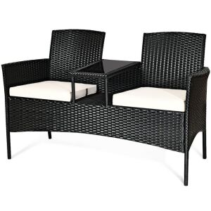 Rattan Patio Loveseat with Glass Table