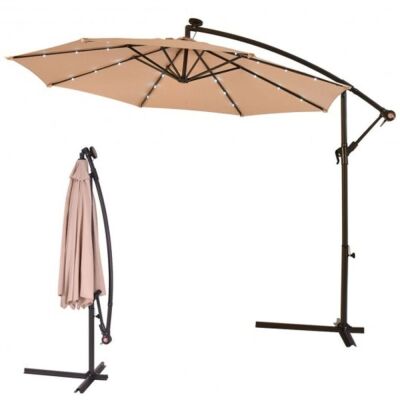 10" Patio Hanging Solar Led Umbrella Sun Shade With Cross Base, Beige