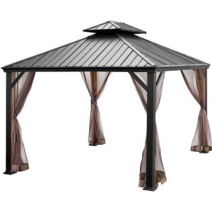 12ft x 10ft Hardtop Gazebo 2-tier Outdoor Galvanized Steel Canopy, Brown