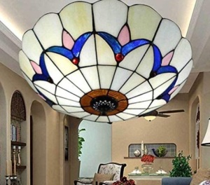 LITFAD Flush Mount Ceiling Light 12" Wide LED Ceiling Lamp with Tiffany Glass Tulip Shade, 2-Lights Pendant Light, White, E-Commerce Return/Appears New