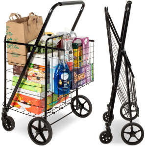 Folding Steel Grocery Cart w/ Double Basket, Swivel Wheels, 220lb Cap