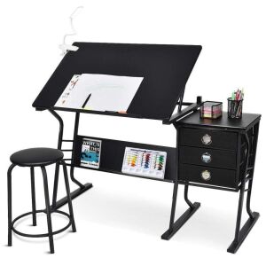 Black Adjustable Drafting Table w/ Stool & Side Drawers 