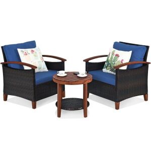 3 Pcs Solid Wood Frame Patio Rattan Furniture Set