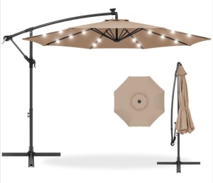 Solar LED Offset Hanging Patio Umbrella w/ Crank Tilt Adjustment - 10ft, Tan, E-Commerce Return/Damaged Box