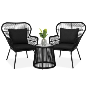 3-Piece Patio Wicker Conversation Bistro Set w/ 2 Chairs, Glass Top Table