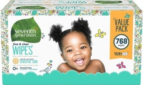 Seventh Generation Baby Wipes, Free & Clear Unscented and Sensitive, Gentle as Water, with Flip Top Dispenser, 768 Count.