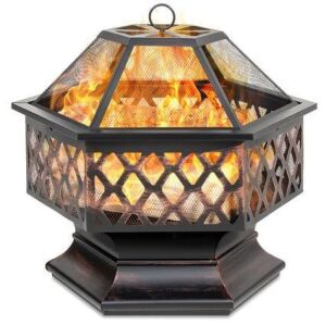 Hex-Shaped Outdoor Fire Pit w/ Flame-Retardant Lid - 24in