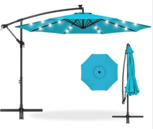 Solar LED Offset Hanging Patio Umbrella w/ Crank Tilt Adjustment - 10ft, Sky Blue, Appears New/Damaged Box