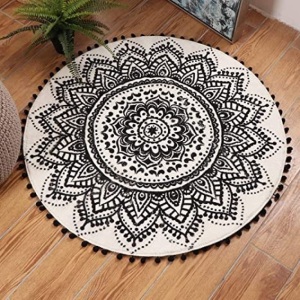 Case of (10) Livebox Round Area Rugs, Bohemian Mandala Print with Chic Pom Pom Fringe - Appear New