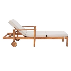 Wood Outdoor Patio Chaise Lounge with Wheels and Beige Cushions