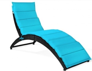 Folding Patio Rattan Portable Lounge Chair Chaise With Cushion, Turquoise, Appears New