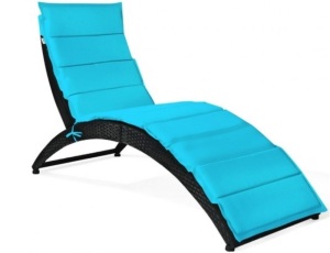 Folding Patio Rattan Portable Lounge Chair Chaise With Cushion, Turquoise, Appears New