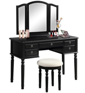 Tri-Fold Mirror Wood Vanity Dressing Table Set 5 Drawer, Black, E-Commerce Return/Damaged Box