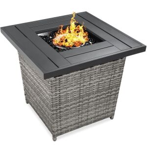 28in Fire Pit Table 50,000 BTU Wicker Propane w/ Faux Wood Tabletop, Cover 