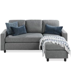 Linen Sectional Sofa Couch w/ Chaise Lounge, Reversible Ottoman Bench 