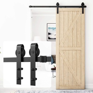 HomLux 8ft Heavy Duty Sturdy Sliding Barn Door Hardware Kit, Single Door, J Shape Hangers, Black - Appears New 