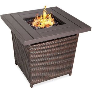 28in Fire Pit Table 50,000 BTU Wicker Propane w/ Faux Wood Tabletop, Cover 