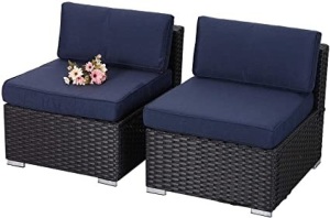 PHI VILLA Outdoor Sectional Furniture 2 Piece Patio Sofa Set Low-Back Rattan Wicker, Navy Blue - Appears New 