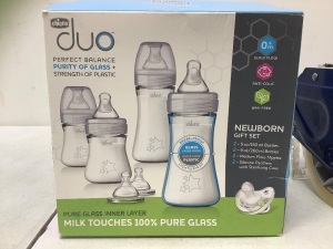 Lot of (6) Chicco Duo Baby Bottles, (2) Nipples, (2) Pacifiers w/ Sterilizing Case