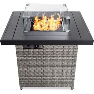 32in Fire Pit Table 50,000 BTU Wicker Propane w/ Wind Guard, Cover 