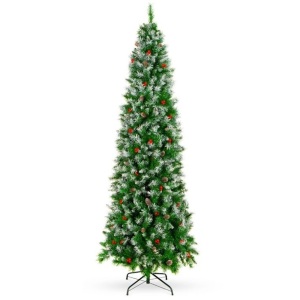 Partially Flocked Spruce Pencil Christmas Tree w/ Berries, Pine Cones, 6ft