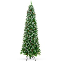 Partially Flocked Spruce Pencil Christmas Tree w/ Berries, Pine Cones, 6ft