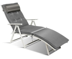 Adjustable Height Chaise Fabric Outdoor Lounge Chair with Gray Cushions, Inspected, Appears New