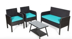 4 Piece Patio Rattan Wicker Furniture Set Conversation Sofa Bench Cushion,Turquoise, E-Commerce Return/Damaged Box