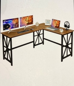 GreenForest Corner Desk 63.8 x 50 inch L Shaped DeskReversible Gaming Desk for Home Office Industrial HeavyDuty Workstation, Walnut, Like New, Retail -$139.99