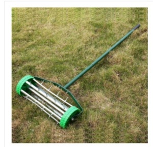 MB HEAVY DUTY 18 INCH AERATOR ROLLER ROLLING LAWNGARDEN SPIKE LAWN AERATOR HOME GRASS STEEL HANDLEGREEN QUICK AND EASY TO ASSEMBLE, Like New, Retail - $42