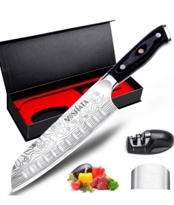 MOSFiATA 7" Santoku Knife Chef Cutting Knife for Cooking with Finger Guardand Knife Sharpener, German High Carbon Stainless Steel EN.4116 Kitchen Chopping Knife with Micarta Handle, Like New, Retail - $27.99