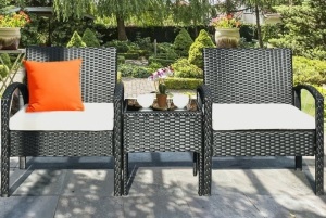 3PCS Patio Rattan Furniture Set Coffee Table & Chairs Set with Seat Cushions, Appears New