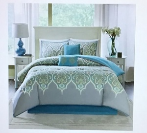 Comfort Spaces Cozy Comforter Set-Modern Classic DesignAll Season Down Alternative Bedding, Matching Shams,Bedskirt, Decorative Pillows, Queen, Mona Paisley Grey/Teal 6Piece, Like New, Retail - $69.99