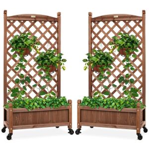 Set of 2 Wood Planter Box & Lattice Trellis w/ Optional Wheels - 48in