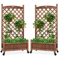Set of 2 Wood Planter Box & Lattice Trellis w/ Optional Wheels - 48in