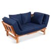 Outdoor Convertible Acacia Wood Futon Sofa w/ 4 Pillows, Removable Cushion&nbsp;