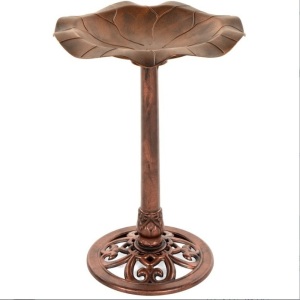 Lily Leaf Pedestal Bird Bath Decoration Accent w/ Floral Accents, Copper, Appears New