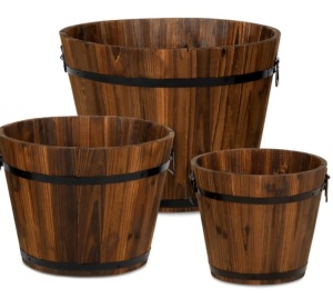 Set of 3 Rustic Wood Bucket Barrel Garden Planters Set w/ Drainage Holes, Like New, Retail - $79.99