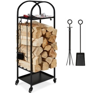 3-Tier Wrought Iron Firewood Log Rack w/ 4-Piece Tool Set, Wheels - 4ft, May Be Missing Hardware, Appears New