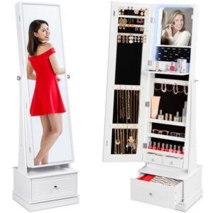 360 Swivel Mirrored Jewelry Cabinet Armoire w/ LED Lights, Mirror