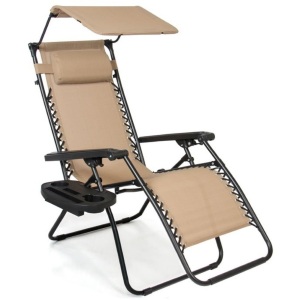 Folding Zero Gravity Recliner Patio Lounge Chair w/ Canopy, Side Tray, Beige, Appears New