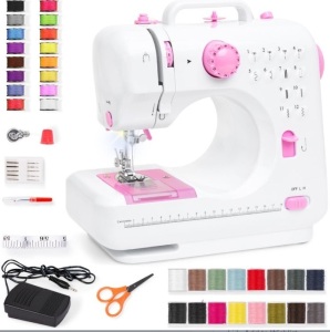 6V Portable Foot Pedal Sewing Machine w/ 12 Stitch Patterns, Pink/White, Appears New