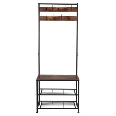Industrial Coat Rack Shoe Bench with Metal Frame 