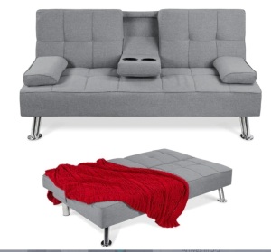 Linen Upholstered Convertible Sofa Bed Futon w/ 2 Cupholders, Like New, Retail - $299.99