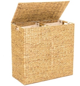 Extra Large Water Hyacinth Double Laundry Hamper Basket w/ 2 Liner Bags, Brown, Appears New