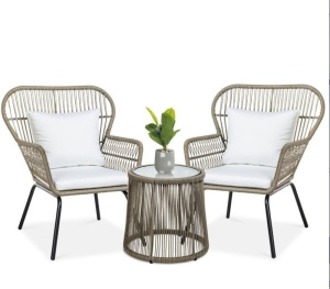 3-Piece Patio Wicker Conversation Bistro Set w/ 2 Chairs, Glass Top Table, Tan, Appears New