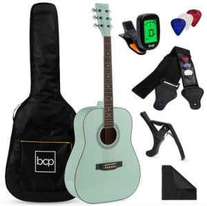 Acoustic Guitar Set w/ Case, Strap, Digital Tuner, Strings, SoCal Green, Rusted/Damaged, E-Commerce Return