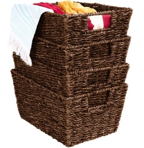 Set of 4 Seagrass Storage Tote Baskets, Laundry Organizer w/ Insert Handles, Brown, Appears New